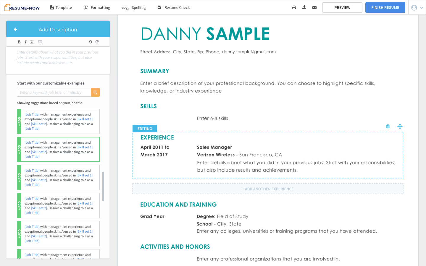 Redesigned Resume-Now builder with side panel editing and live resume preview updating in real time
