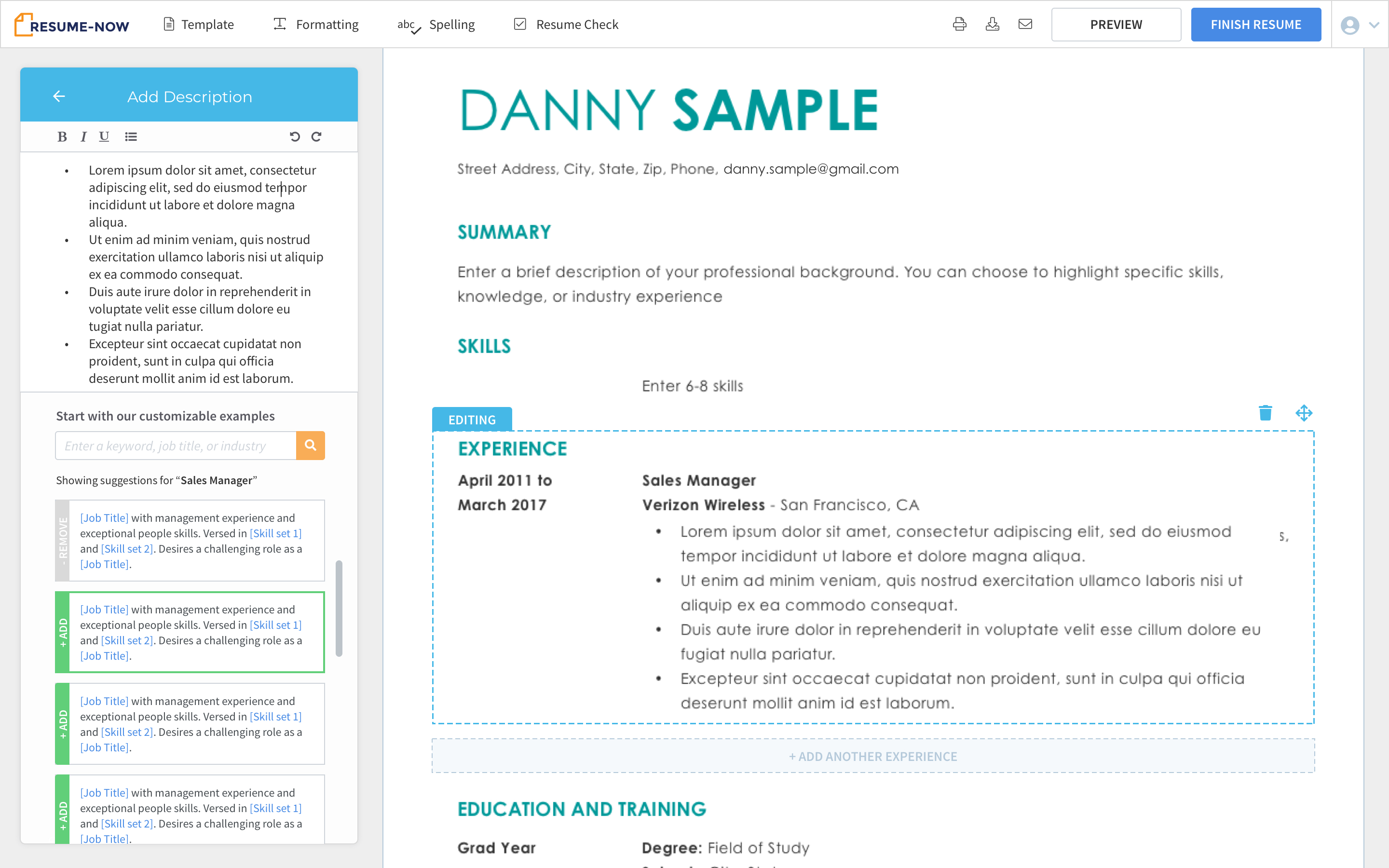 Job-title-filtered example content with one-click add