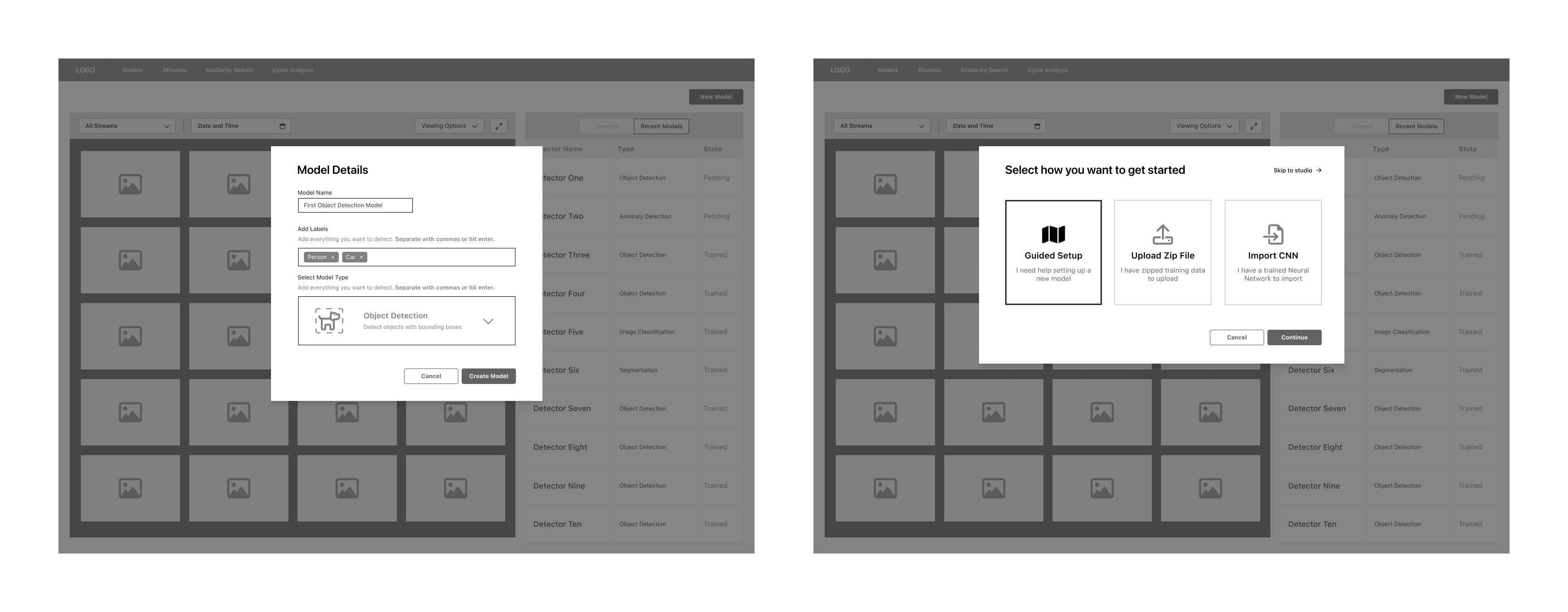 Wireframe explorations for the model setup flow